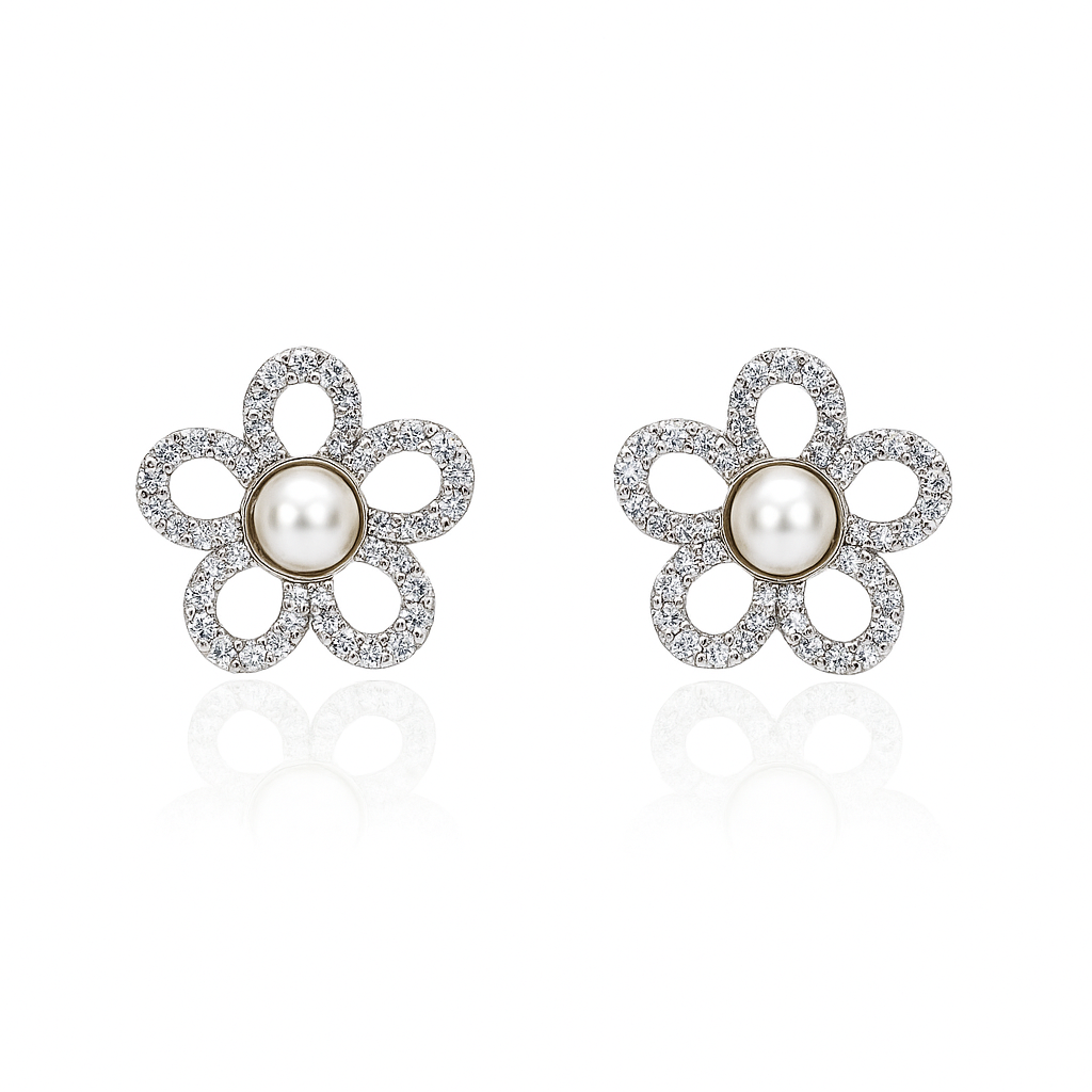Pearl Flower Studded Diamond Stud Earrings | 925 Sterling Silver SACH JEWELS