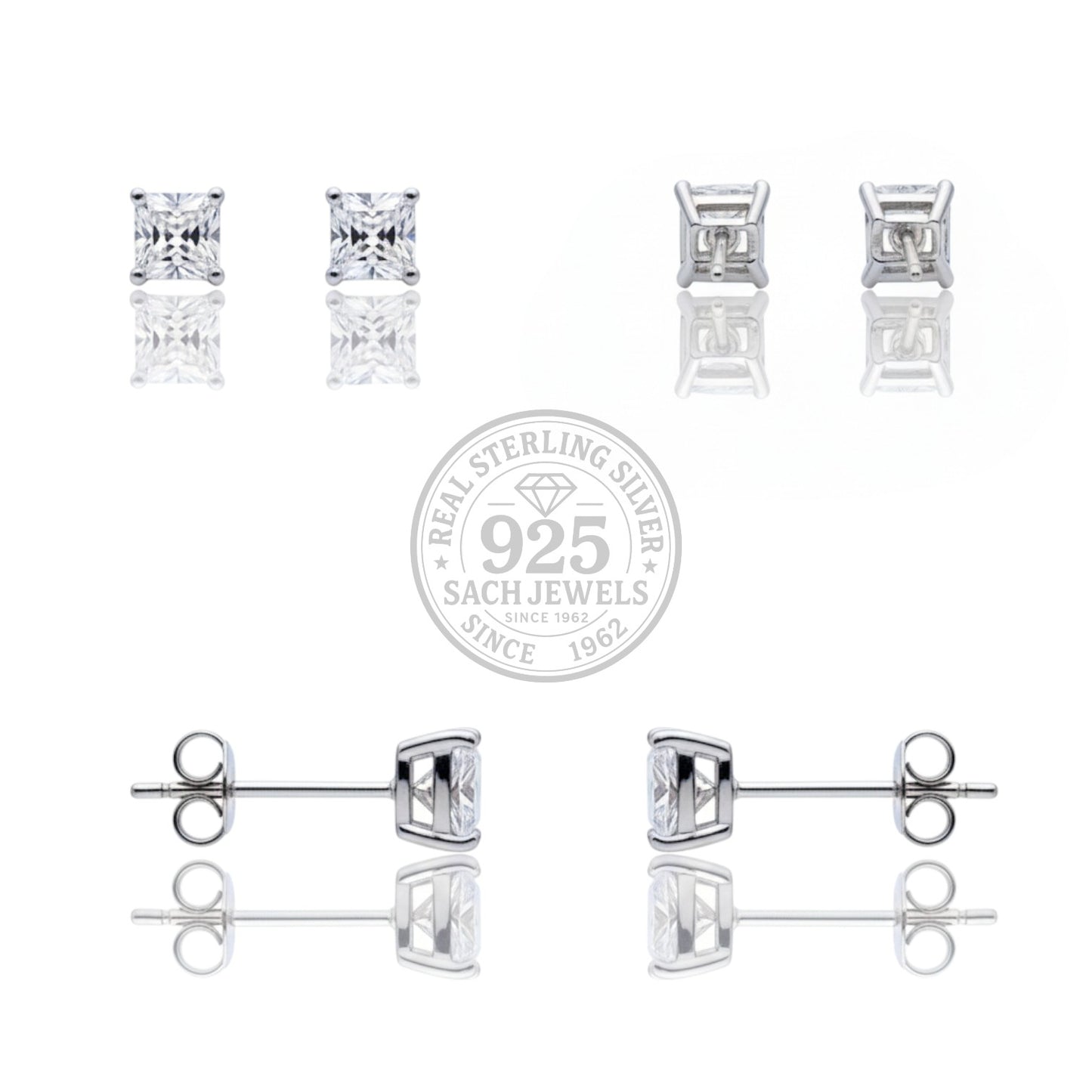 Solitaire square diamond stud earrings | 925 Sterling Silver SACH JEWELS