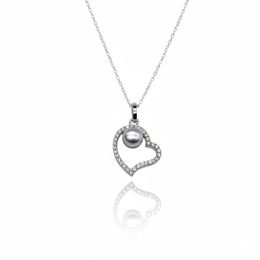 Pearl With Diamond Studded Heart Necklace | 925 Sterling Silver SACH JEWELS