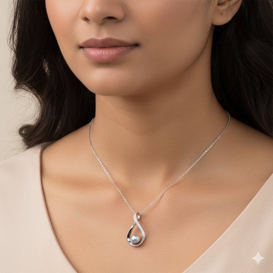 Diamond Studded Infinity Pearl Necklace | 925 Sterling Silver SACH JEWELS