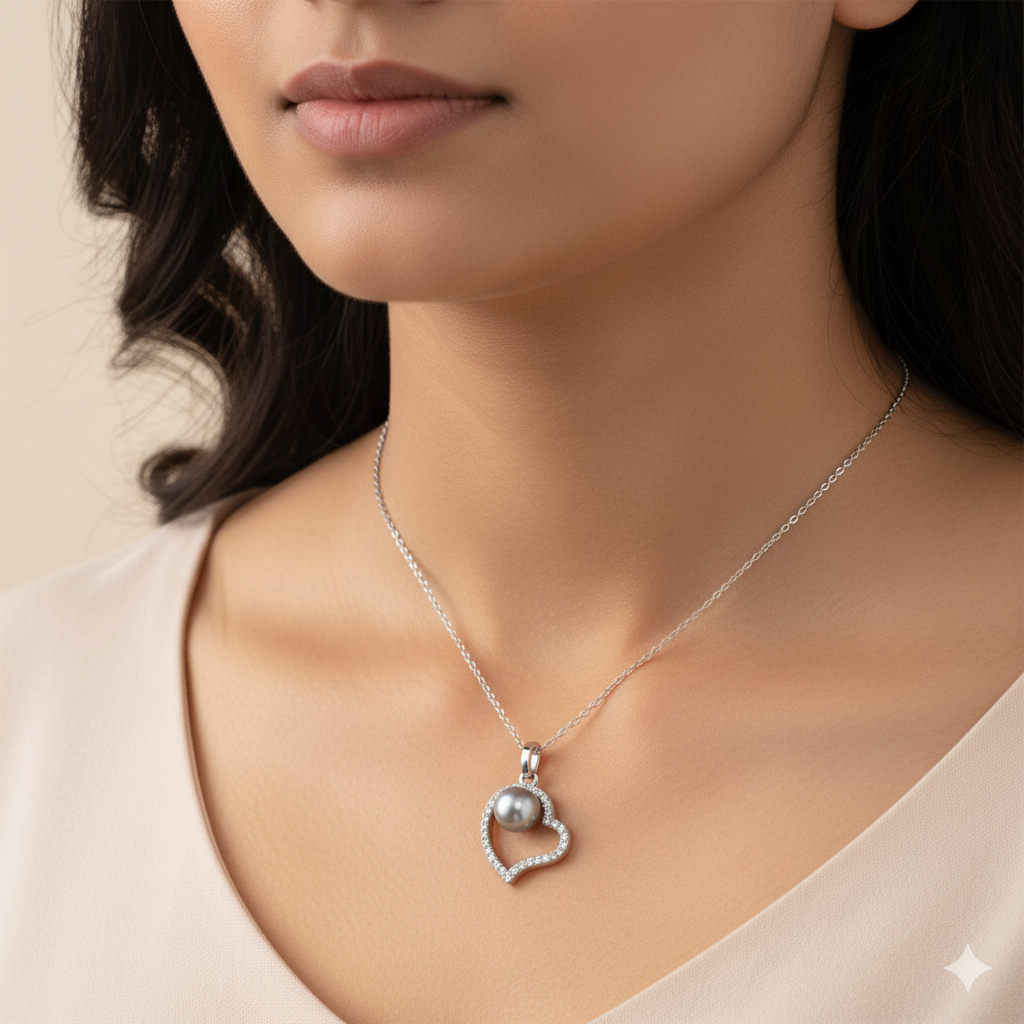 Pearl With Diamond Studded Heart Necklace | 925 Sterling Silver SACH JEWELS