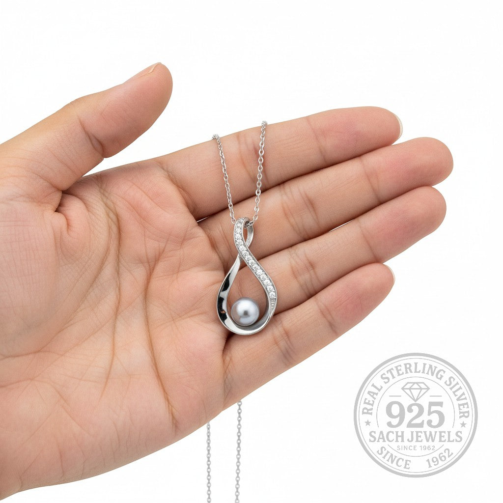 Diamond Studded Infinity Pearl Necklace | 925 Sterling Silver SACH JEWELS