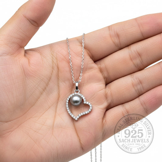 Pearl With Diamond Studded Heart Necklace | 925 Sterling Silver SACH JEWELS