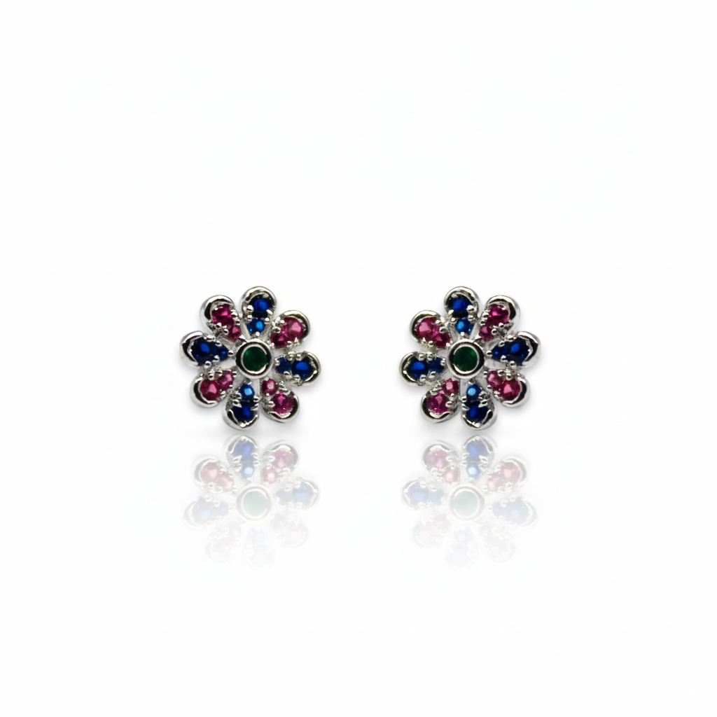 Pink And Blue Studded Flower Diamond Stud Earrings | 925 Sterling Silver SACH JEWELS