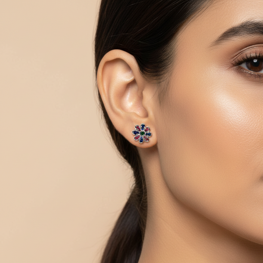 Pink And Blue Studded Flower Diamond Stud Earrings | 925 Sterling Silver SACH JEWELS