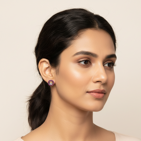 Silver Pink Diamond Studded Circular Stud Earrings | 925 Sterling Silver SACH JEWELS
