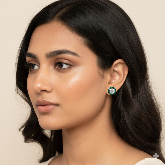 Green Round Diamond Core Stud Earrings | 925 Sterling Silver SACH JEWELS