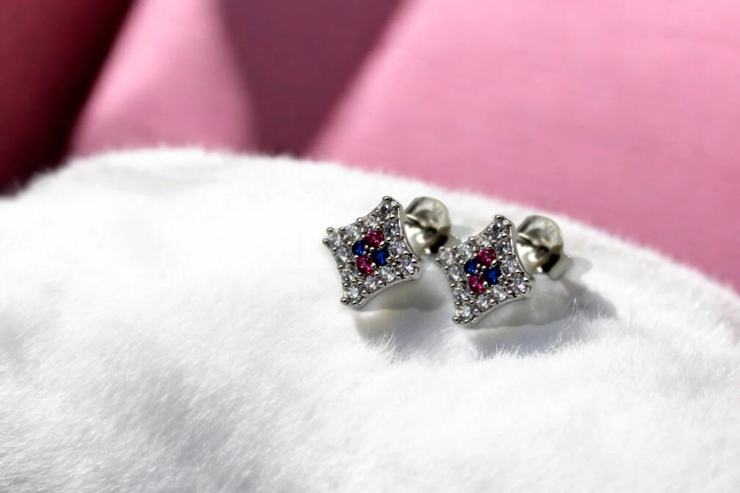 Pink And Blue Studded Diamond Stud Earrings | 925 Sterling Silver - SACH JEWELS