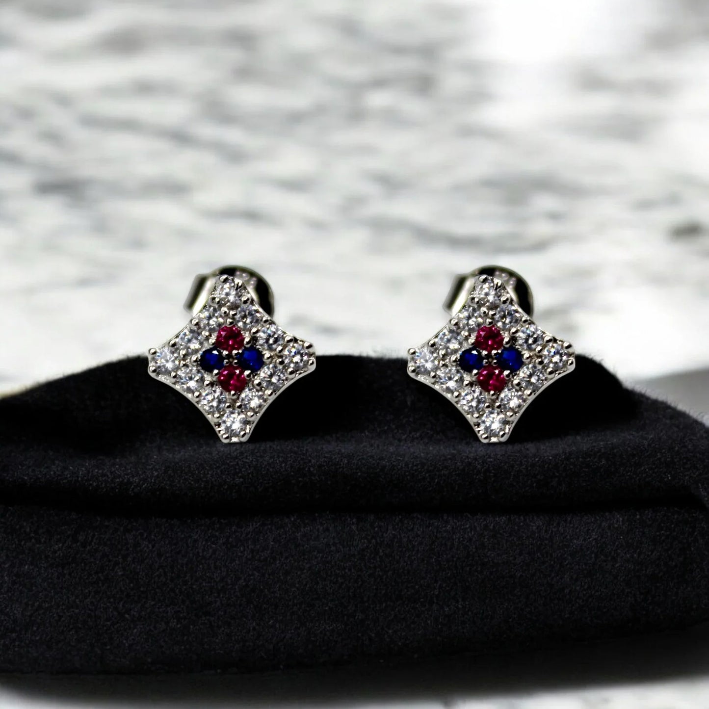 Pink And Blue Studded Diamond Stud Earrings | 925 Sterling Silver - SACH JEWELS