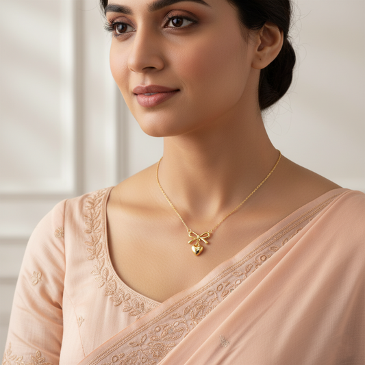 Dangling Golden Heart & Bow Pendant Necklace | Italian Gold Plated SACH JEWELS
