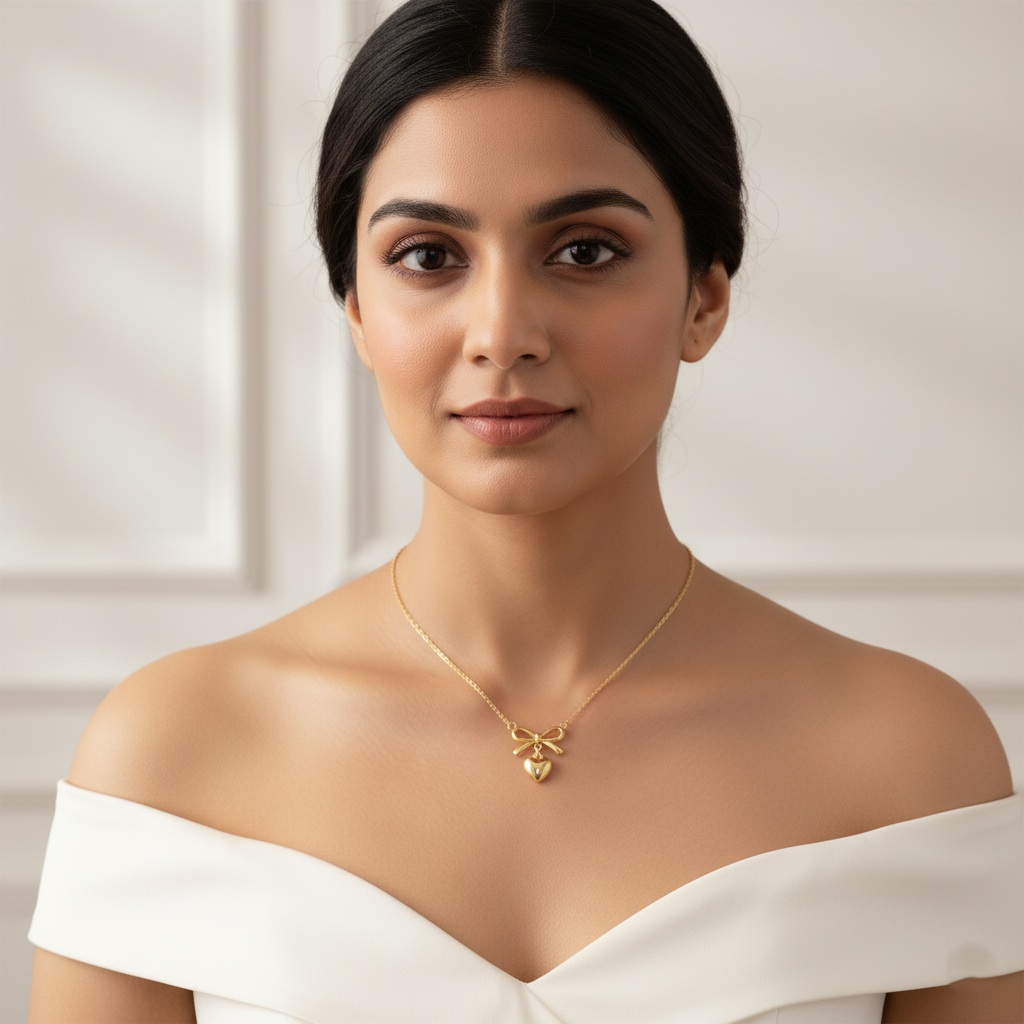 Dangling Golden Heart & Bow Pendant Necklace | Italian Gold Plated SACH JEWELS
