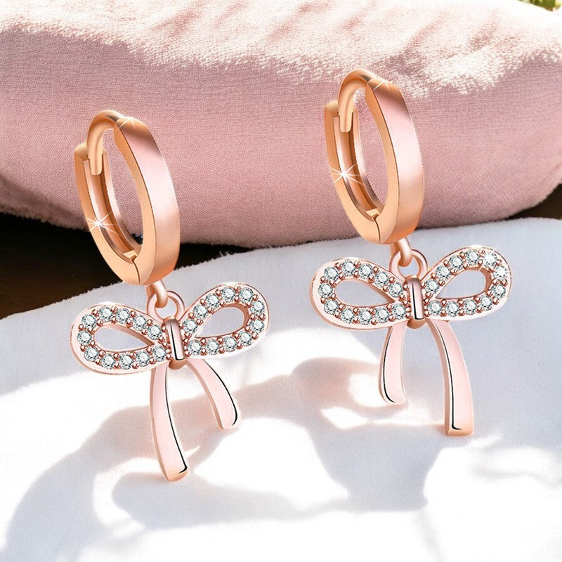 Diamond Bow Drop Earrings | Rose Gold Plated - SACH JEWELS