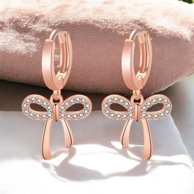 Diamond Bow Drop Earrings | Rose Gold Plated - SACH JEWELS