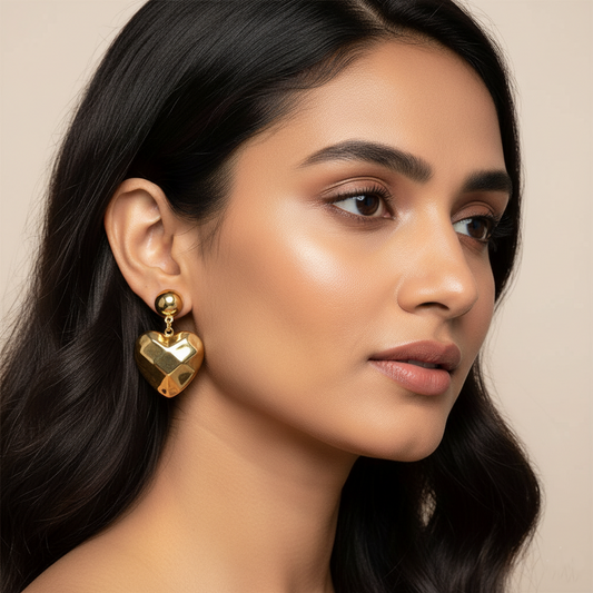 Golden Puff Heart Drop Earrings | Italian Gold Plated SACH JEWELS