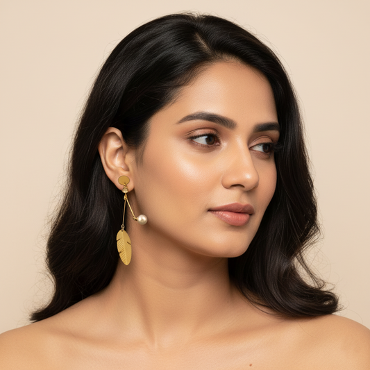 The Golden Feather Pearl Drop Earrings | Italian Gold Plated SACH JEWELS