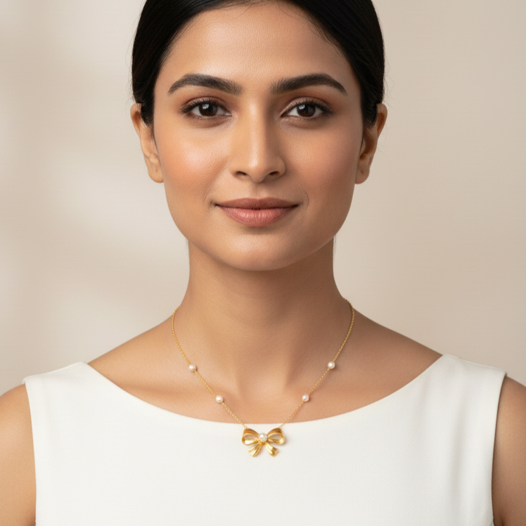Golden Bow Pearl Pendant Necklace | Italian Gold Plated SACH JEWELS