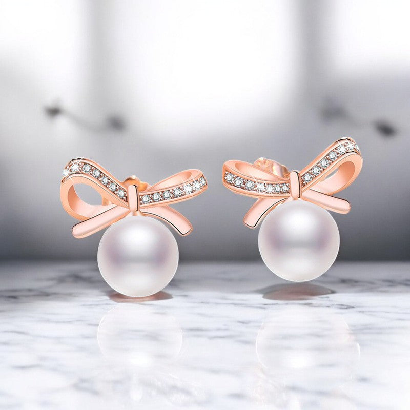 Diamond Knot Pearl Earrings | Rose Gold Plated - SACH JEWELS