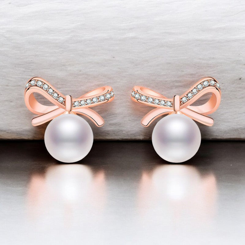 Diamond Knot Pearl Earrings | Rose Gold Plated - SACH JEWELS