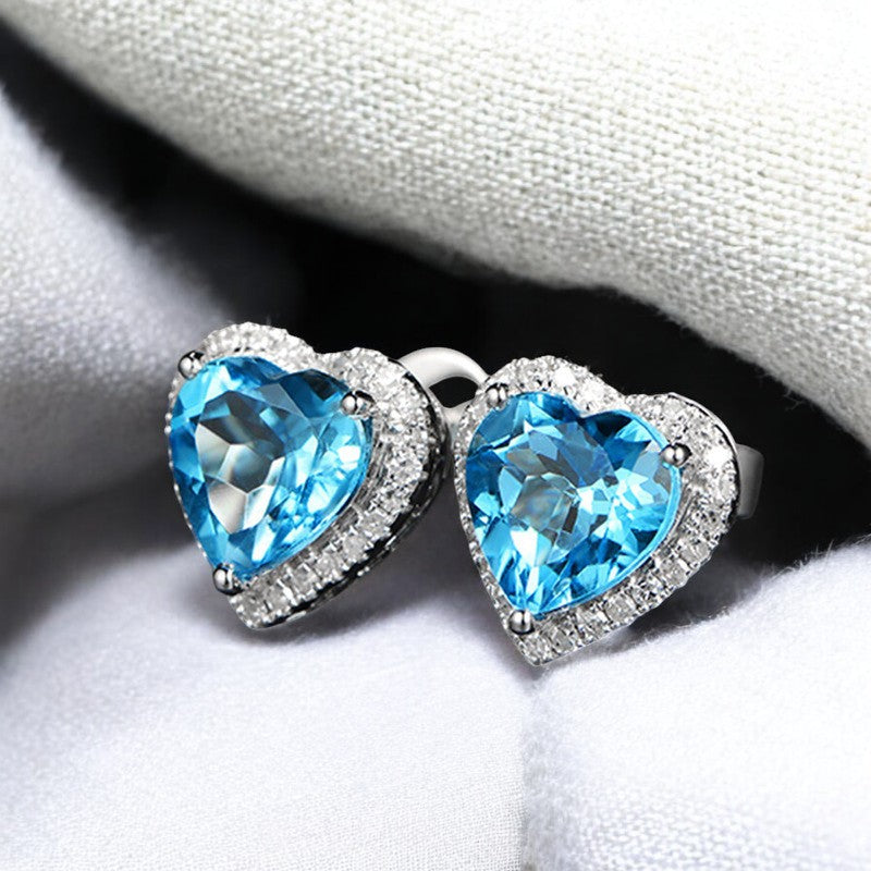 Ocean Blue Diamond Heart Stud Earrings | Italian Silver Plated - SACH JEWELS