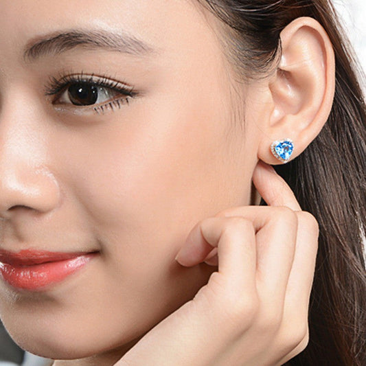 Ocean Blue Diamond Heart Stud Earrings | Italian Silver Plated - SACH JEWELS