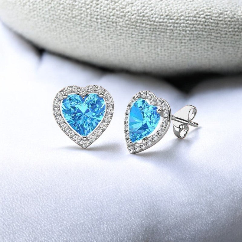 Ocean Blue Diamond Heart Stud Earrings | Italian Silver Plated - SACH JEWELS