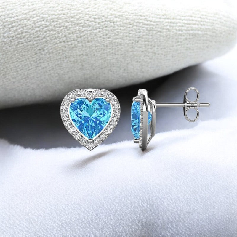Ocean Blue Diamond Heart Stud Earrings | Italian Silver Plated - SACH JEWELS
