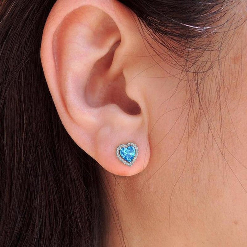 Ocean Blue Diamond Heart Stud Earrings | Italian Silver Plated - SACH JEWELS
