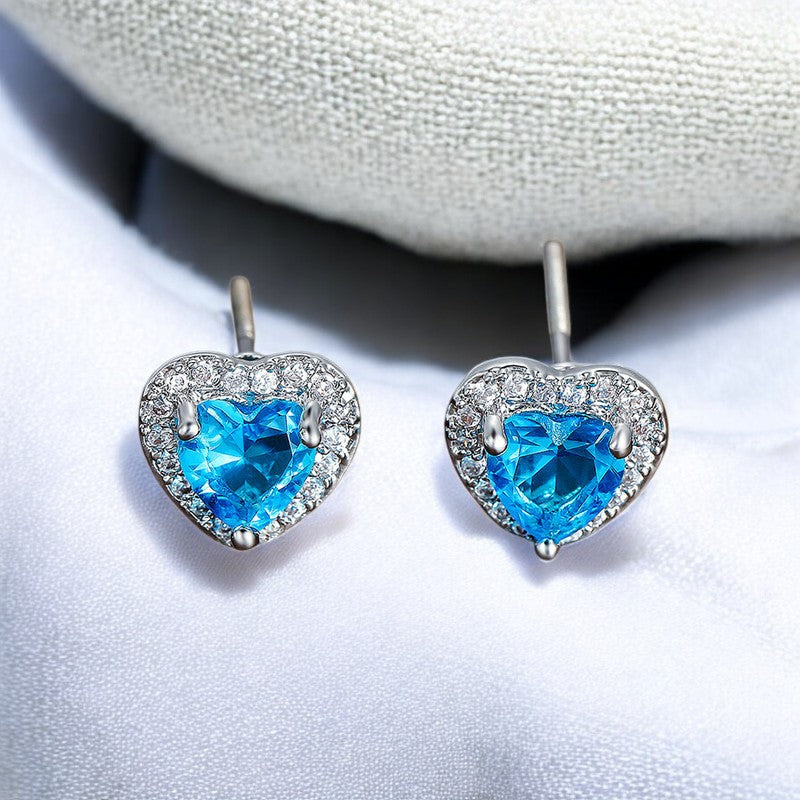 Ocean Blue Diamond Heart Stud Earrings | Italian Silver Plated - SACH JEWELS