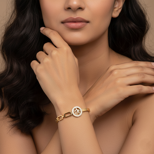 Golden Peace Sign Cuff with Diamond Accents | Italian Gold Plated SACH JEWELS
