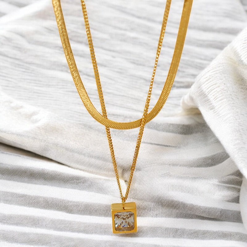Double Layered Square Diamond Necklace | Italian Gold Plated - SACH JEWELS