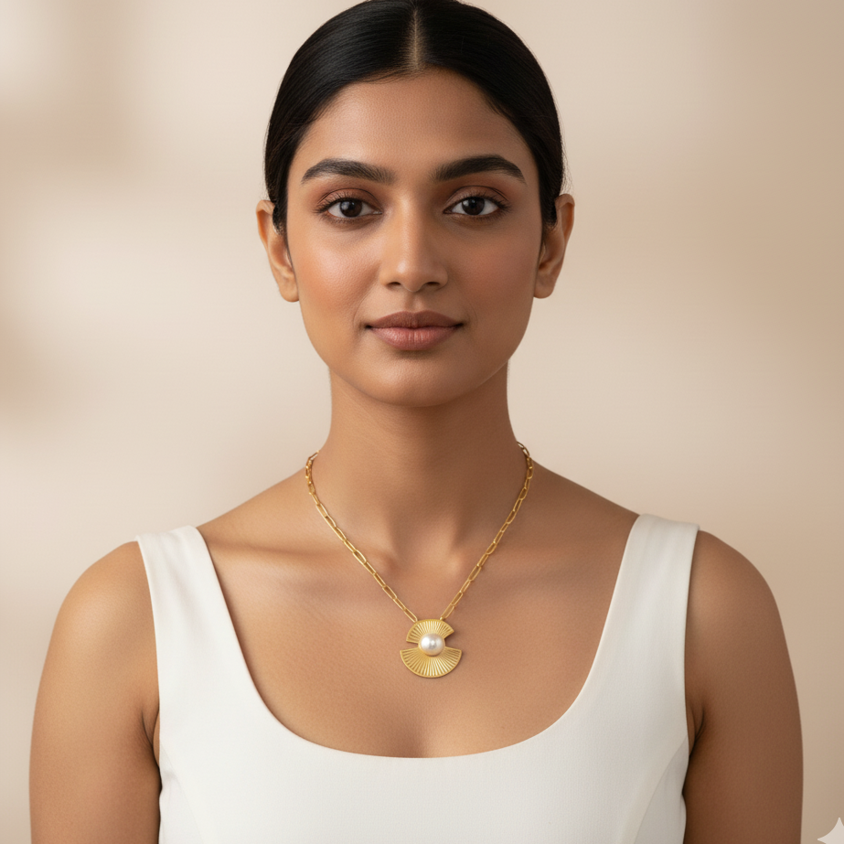 Golden Radiance Fan Pendant with Opal Necklace | Italian Gold Plated SACH JEWELS