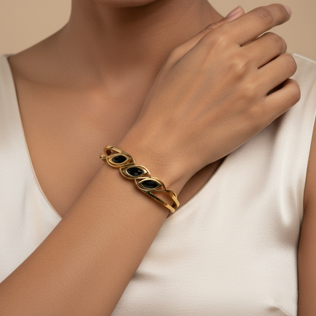 Triple Marquise Black Stone Gold Cuff | Italian Gold Plated SACH JEWELS