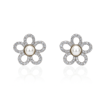 Pearl Flower Studded Diamond Stud Earrings | 925 Sterling Silver SACH JEWELS