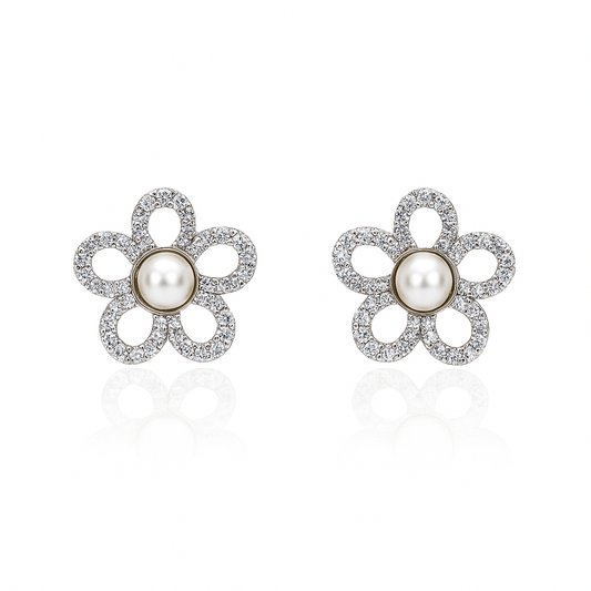 Pearl Flower Studded Diamond Stud Earrings | 925 Sterling Silver SACH JEWELS