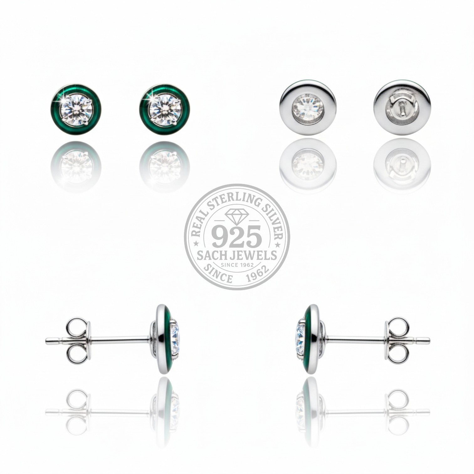 Green Round Diamond Core Stud Earrings | 925 Sterling Silver SACH JEWELS