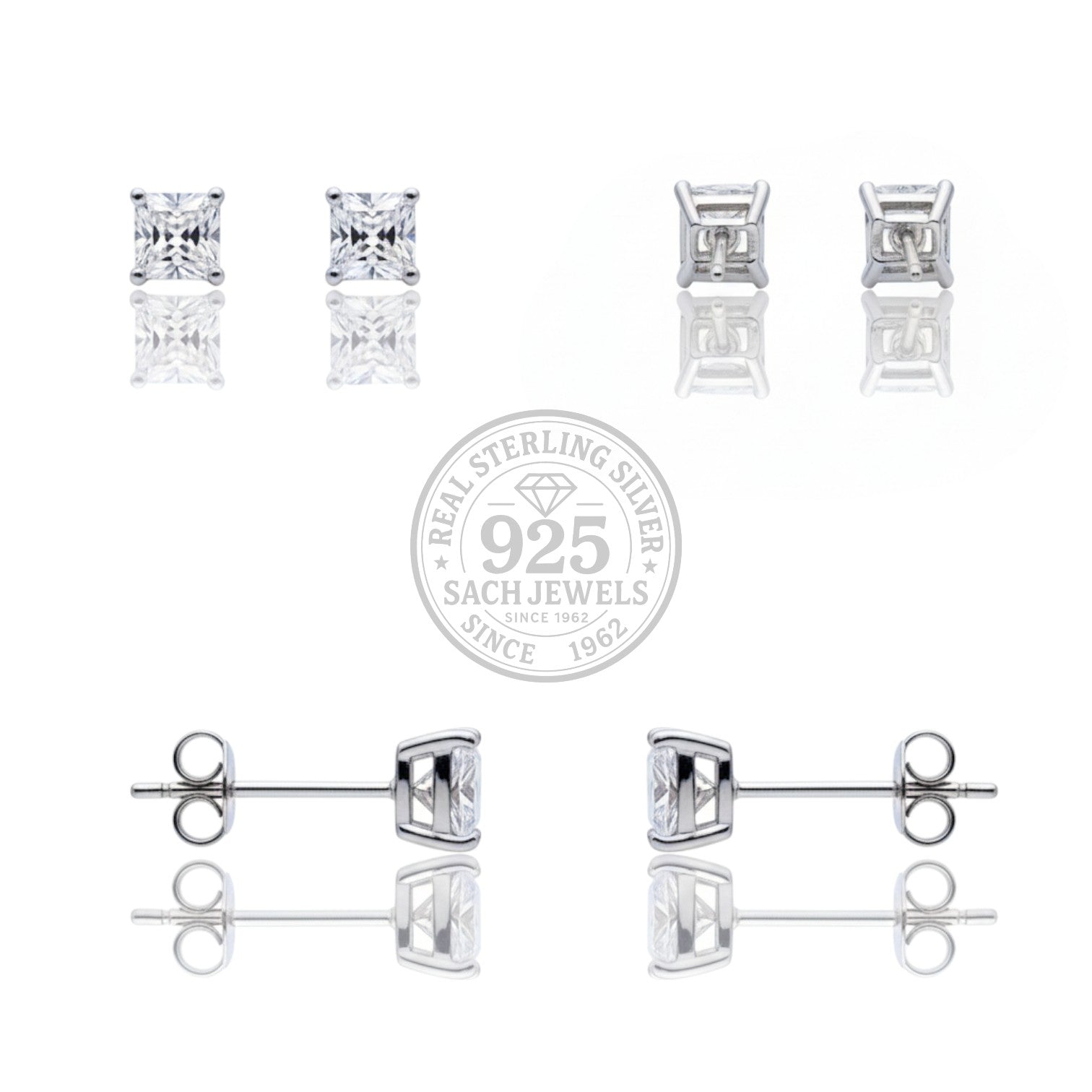 Solitaire square diamond stud earrings | 925 Sterling Silver SACH JEWELS