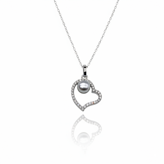 Pearl With Diamond Studded Heart Necklace | 925 Sterling Silver SACH JEWELS