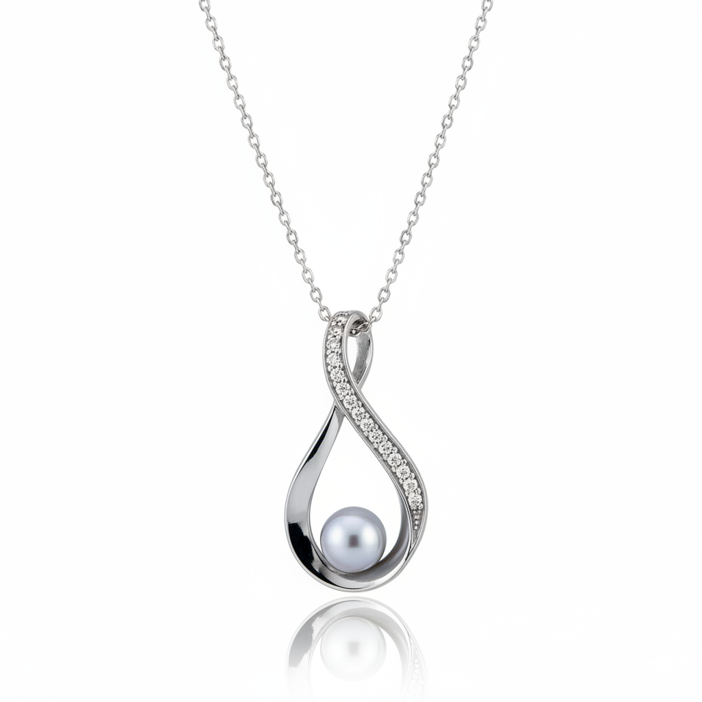 Diamond Studded Infinity Pearl Necklace | 925 Sterling Silver SACH JEWELS