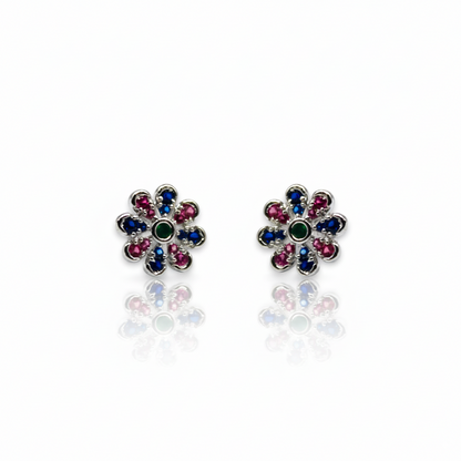 Pink And Blue Studded Flower Diamond Stud Earrings | 925 Sterling Silver SACH JEWELS
