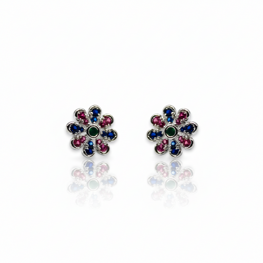 Pink And Blue Studded Flower Diamond Stud Earrings | 925 Sterling Silver SACH JEWELS