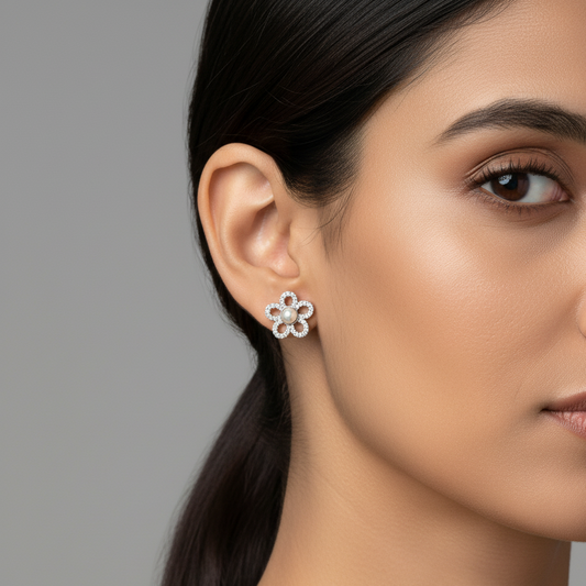 Pearl Flower Studded Diamond Stud Earrings | 925 Sterling Silver SACH JEWELS