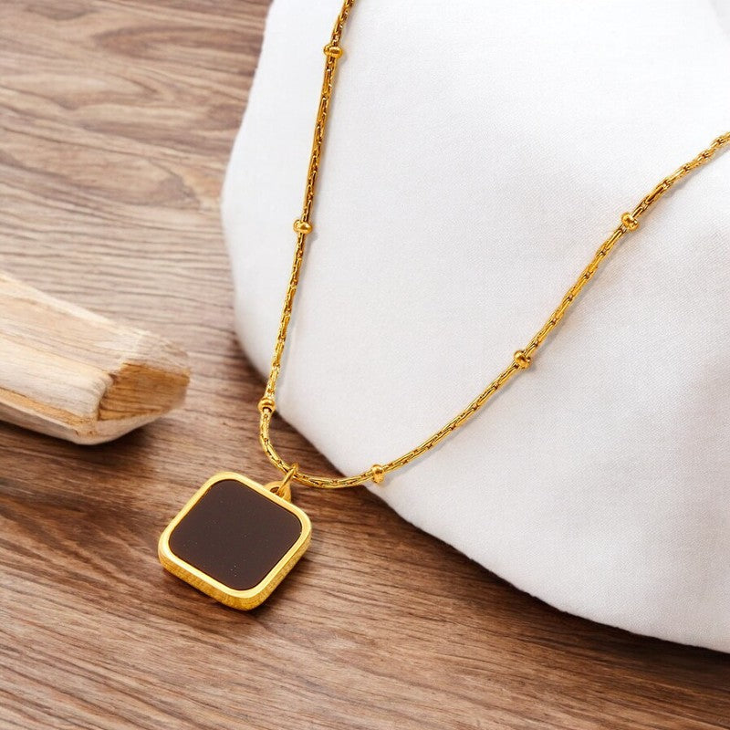 Black Square Pendant Necklace | Italian Gold Plated