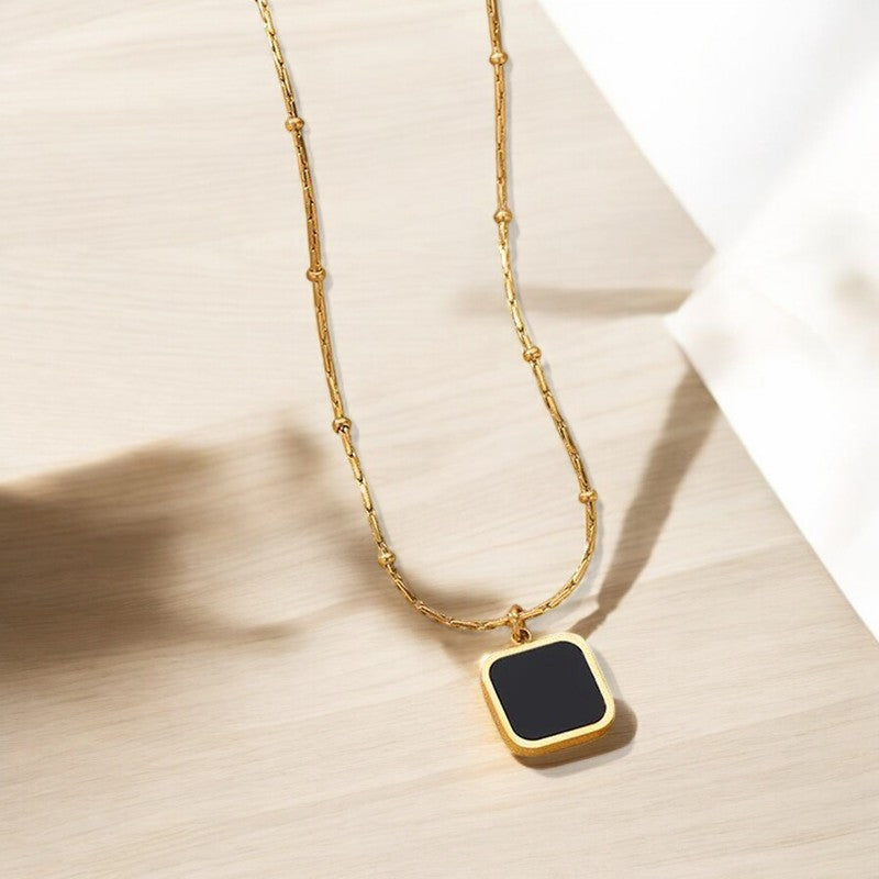 Black Square Pendant Necklace | Italian Gold Plated