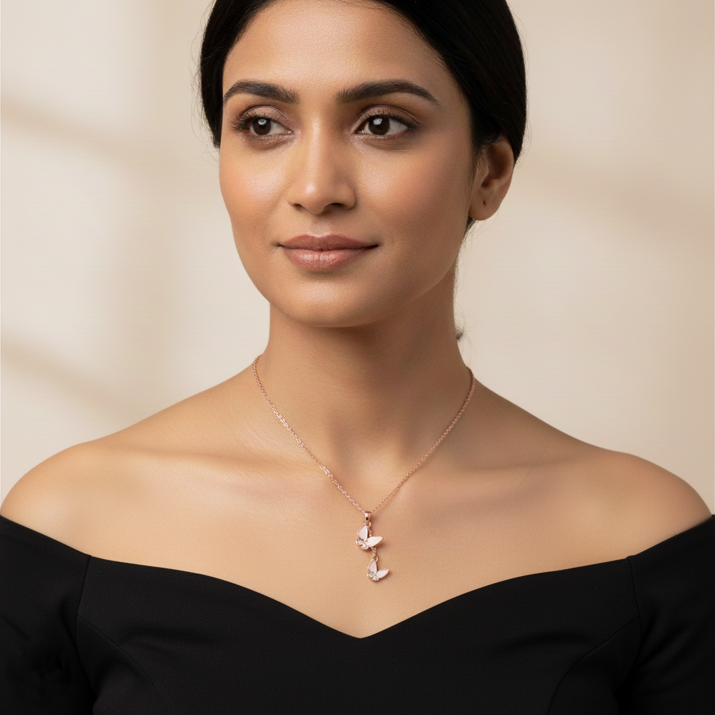 Double Charm Rose Gold Butterfly Pendant Necklace | Rose Gold Plated SACH JEWELS
