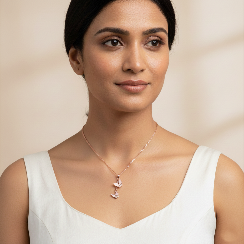 Double Charm Rose Gold Butterfly Pendant Necklace | Rose Gold Plated SACH JEWELS