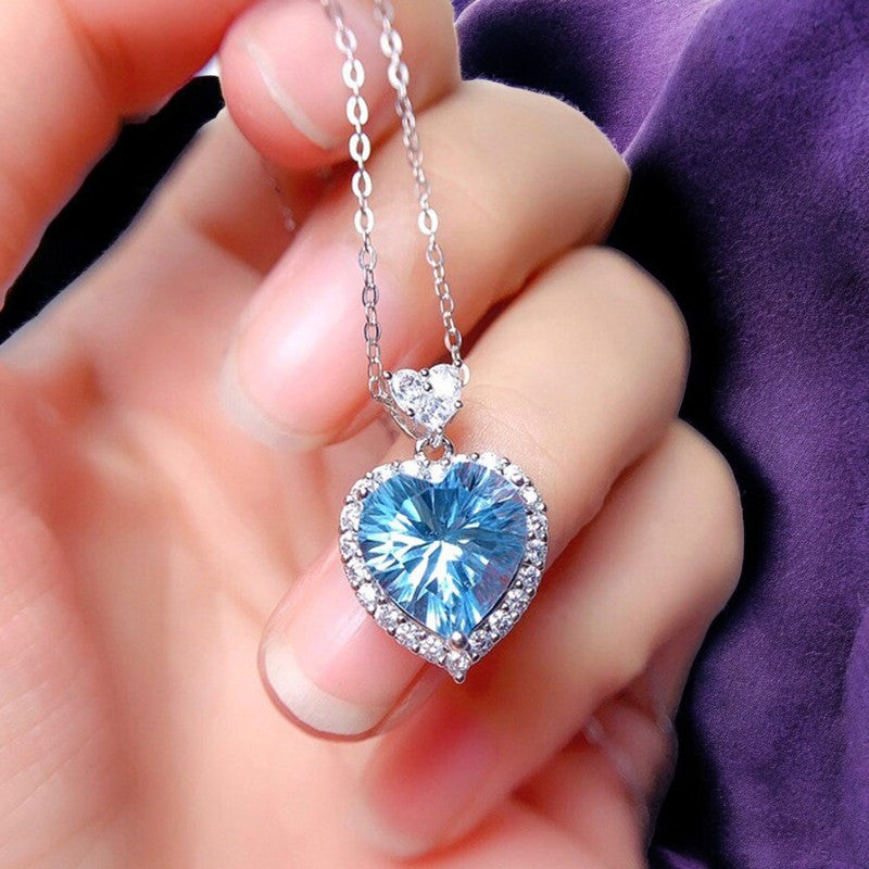 Blue Heart Diamond Necklace | Italian Silver Plated