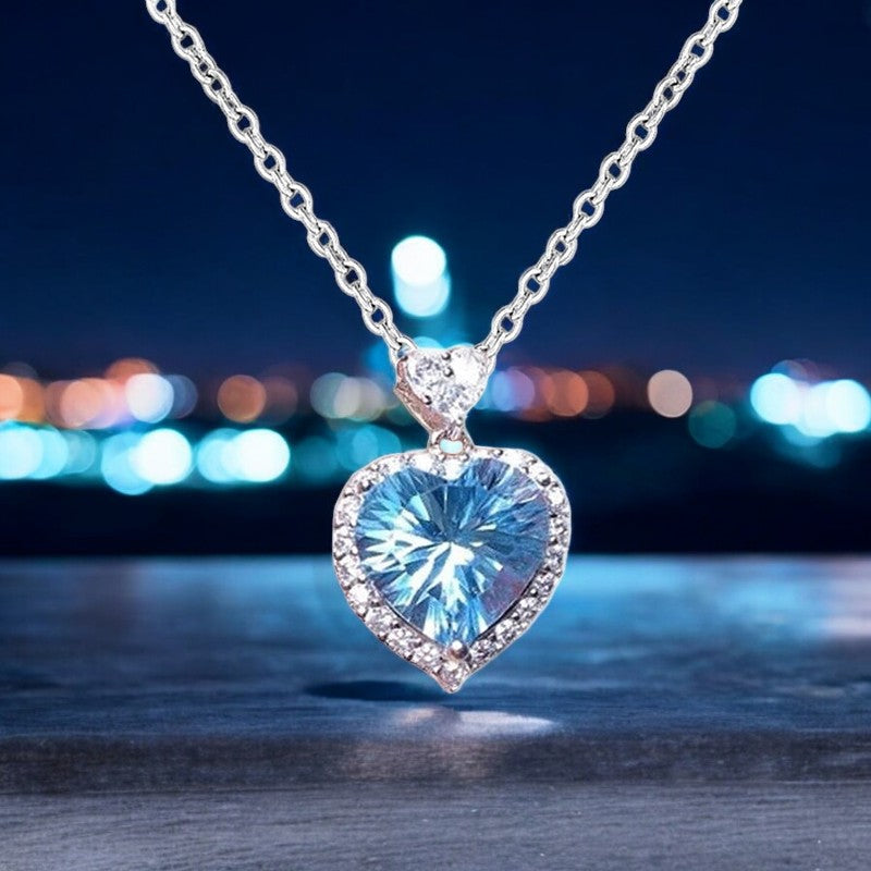 Blue Heart Diamond Necklace | Italian Silver Plated