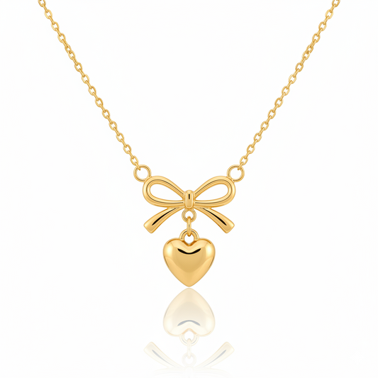 Dangling Golden Heart & Bow Pendant Necklace | Italian Gold Plated SACH JEWELS