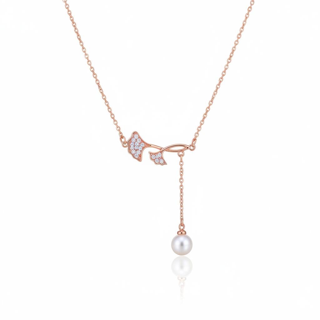 Entangled Leaf Rose Gold Pearl Drop Pendant Necklace | Rose Gold Plated SACH JEWELS