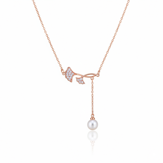 Entangled Leaf Rose Gold Pearl Drop Pendant Necklace | Rose Gold Plated SACH JEWELS